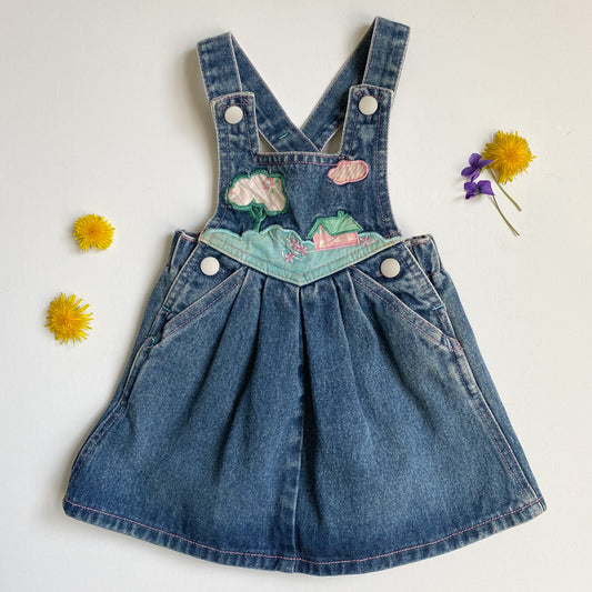 Vintage Denim Overall Dress with Embroidered Appliqué 18M