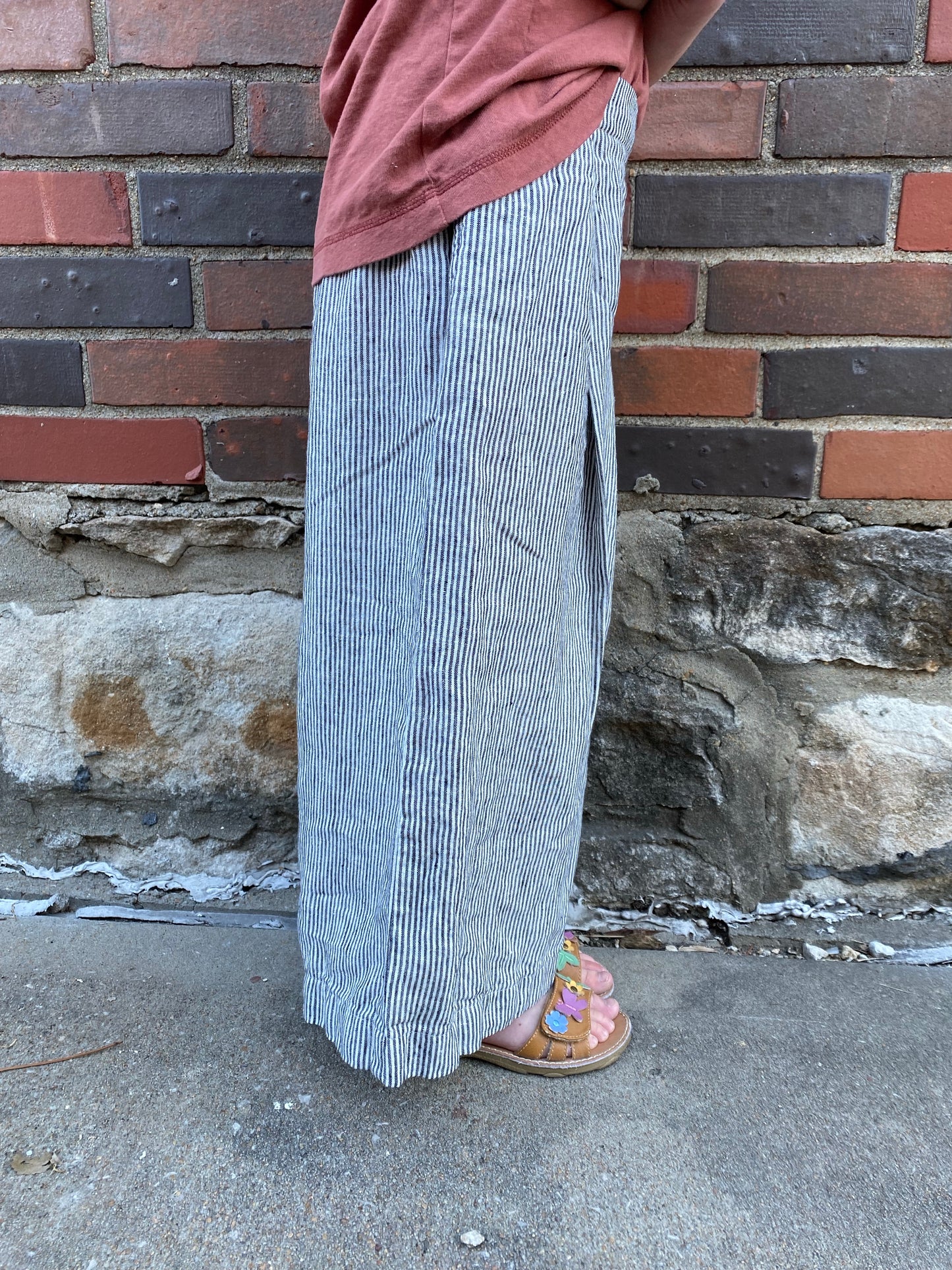 Linen Wide Leg Pants, Grey Stripe