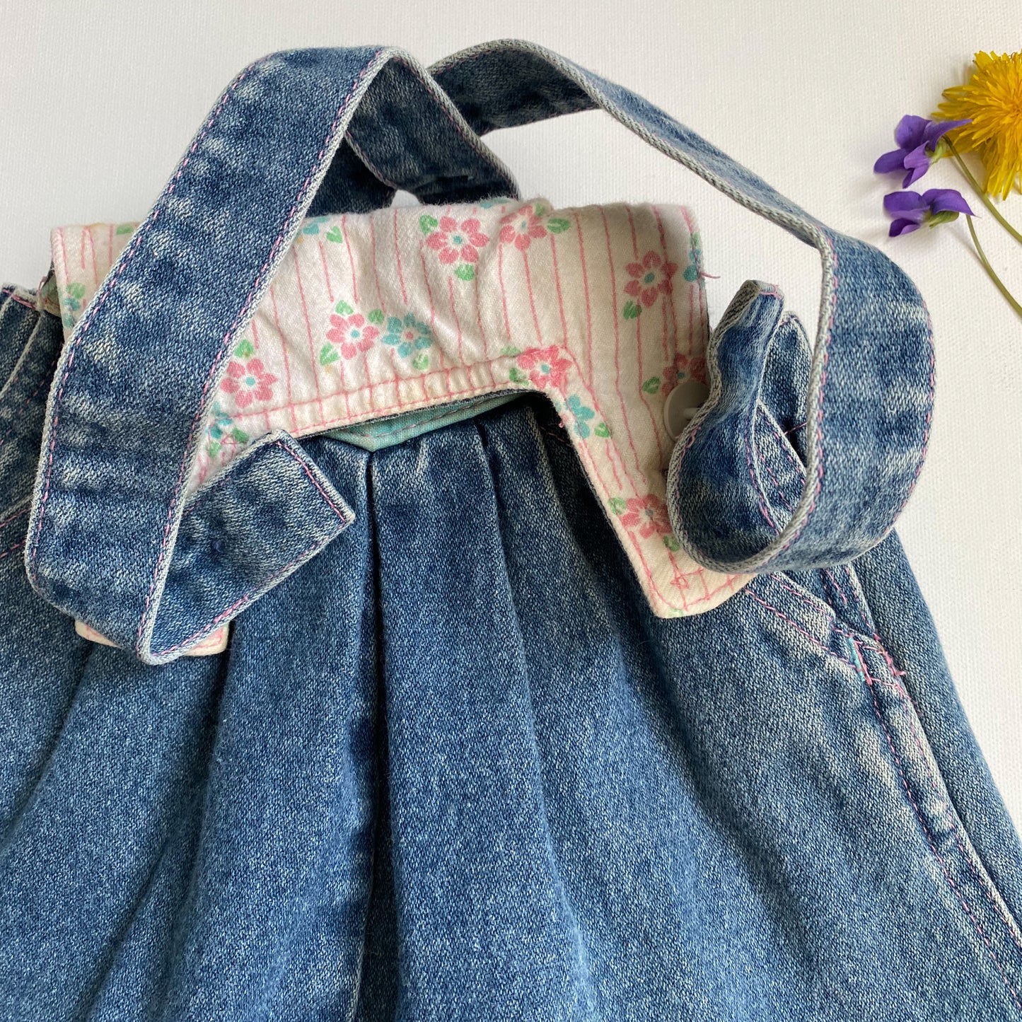 Vintage Denim Overall Dress with Embroidered Appliqué 18M
