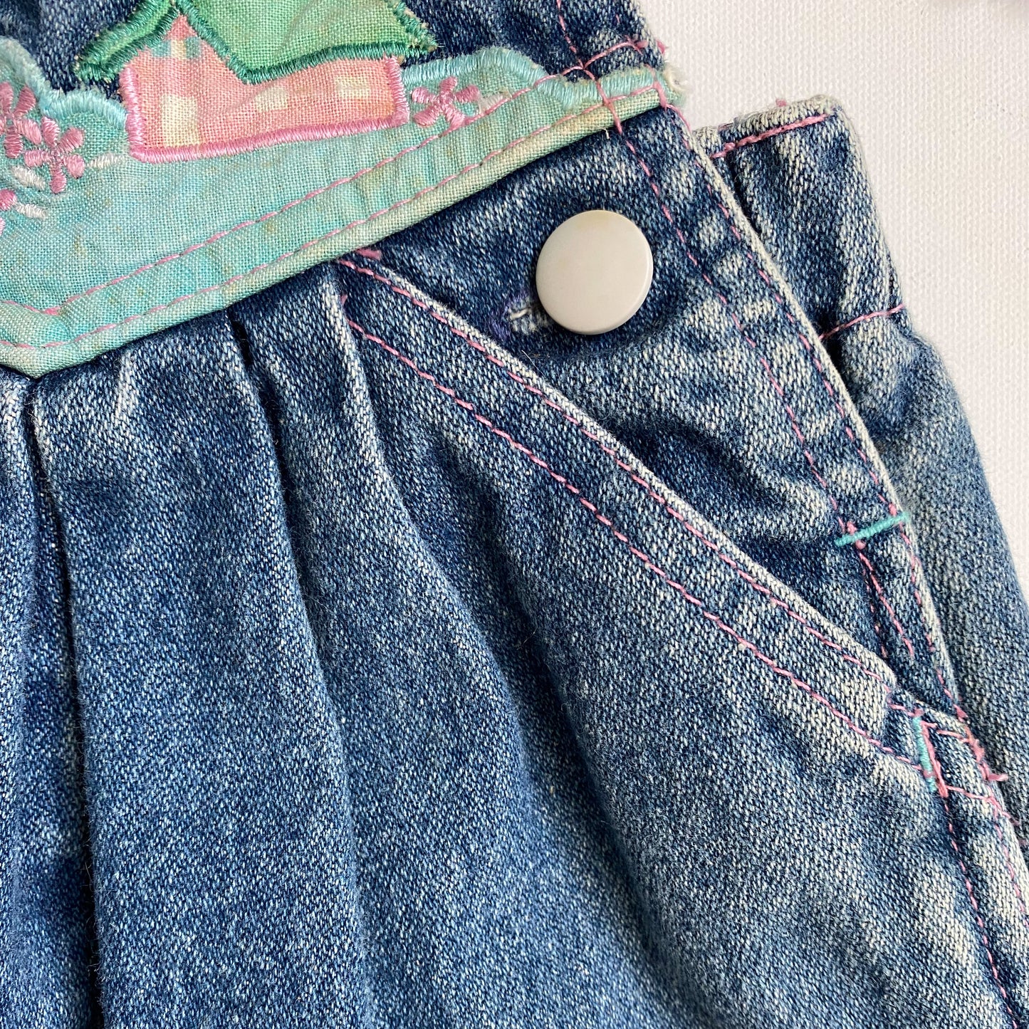 Vintage Denim Overall Dress with Embroidered Appliqué 18M